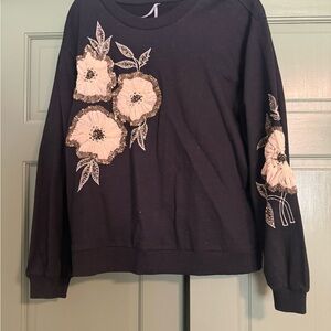 Anthropologie Black Sweatshirt with Cream Floral Design
